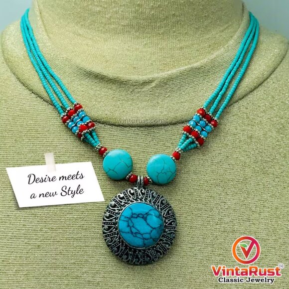 Beaded Multilayers Chain Necklace With Pendant, Ethnic Statement Necklaces - Picture 10 of 12
